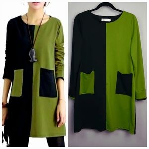 Black and Green Colorblock Mod Long Sleeve Mini Dress size Large